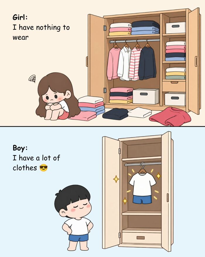 Funny relationship comics illustrating the difference between a girl and boy choosing outfit clothes.