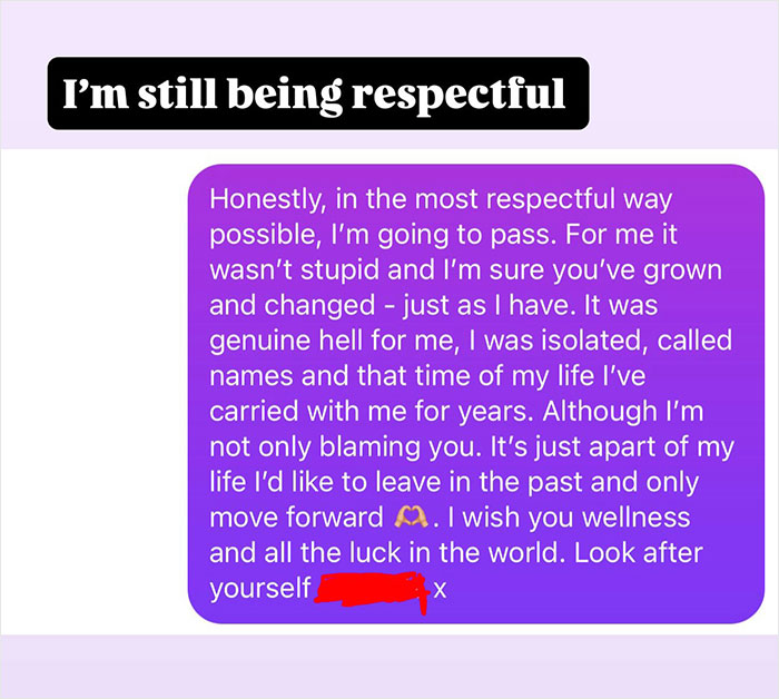 A message from the hairdresser declining a hair request from a childhood bully, giving a reality check about past trauma.