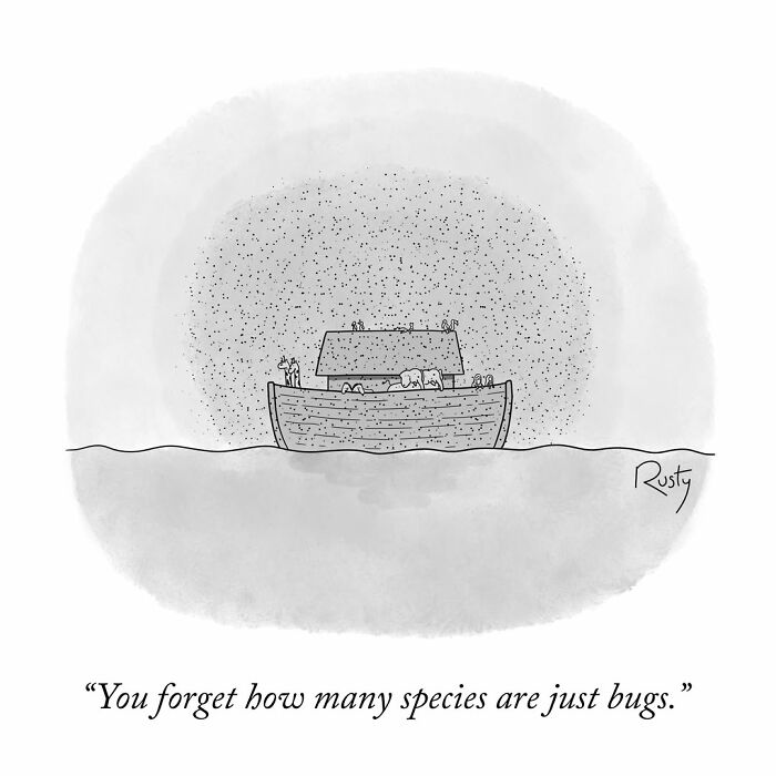 A hilarious one-panel comic depicting Noah's ark surrounded by a massive swarm of tiny insect dots in the sky.
