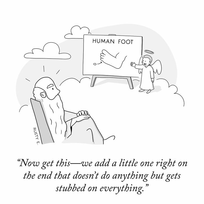 Hilarious one-panel comic about an angel pitching the design of a human foot with a stubbed pinky toe to God.