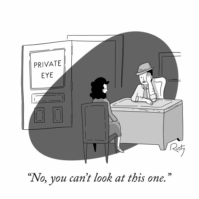 A hilarious one-panel comic featuring a private eye detective and a client sitting in an office.