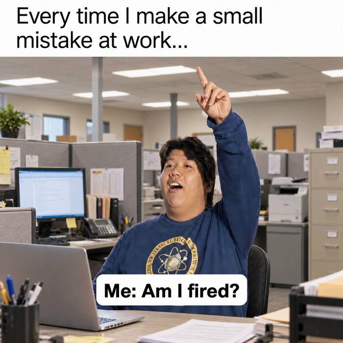 Man in office nervously asking if he is fired after small work mistake