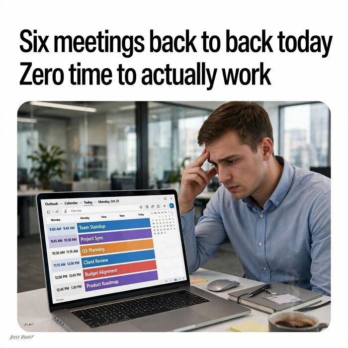 Man stressed over a full schedule of work meetings on computer