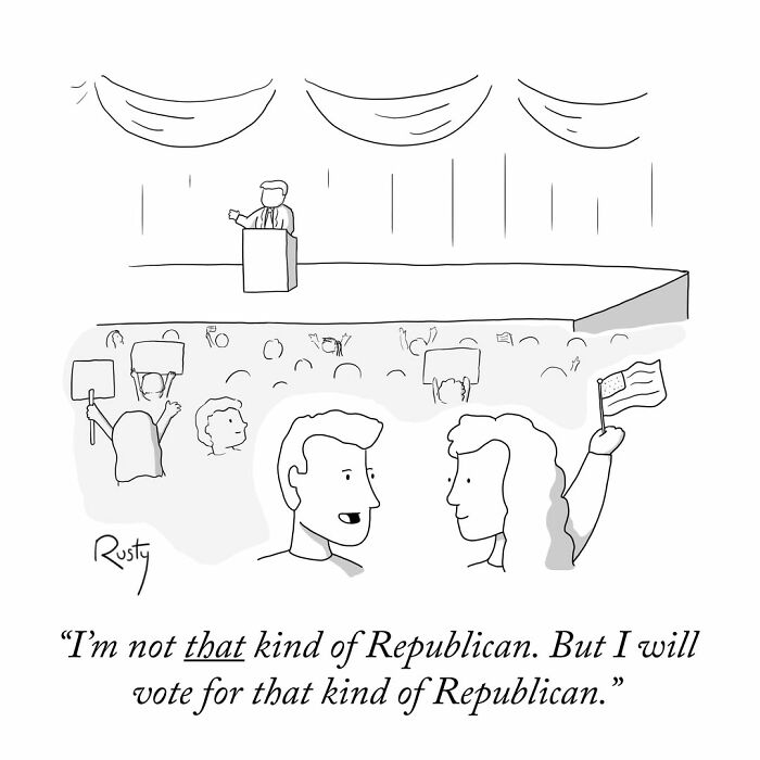 One-panel comic of political modern struggles with two people discussing their votes at a rally