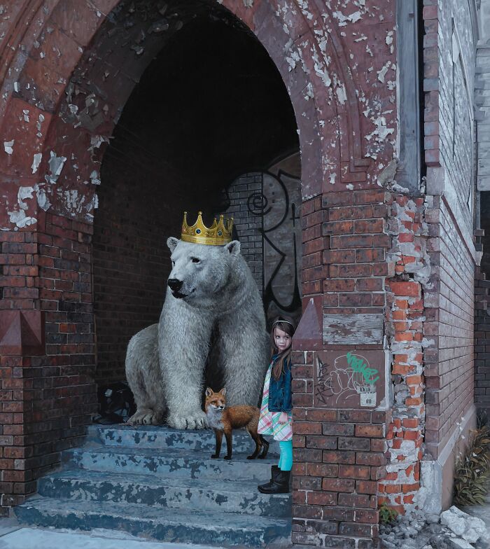 A polar bear wearing a crown, a fox, and a child in dystopian paintings by Kevin Peterson by a ruined brick archway