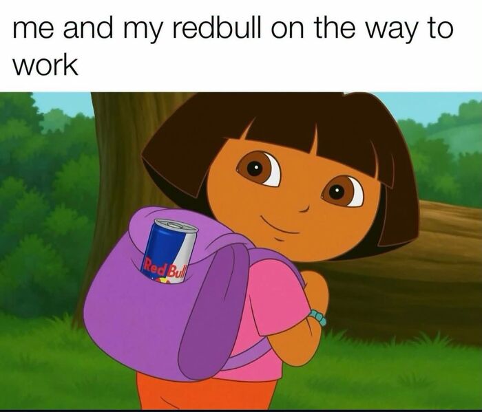 Dora cartoon with Red Bull can in backpack on way to work meme