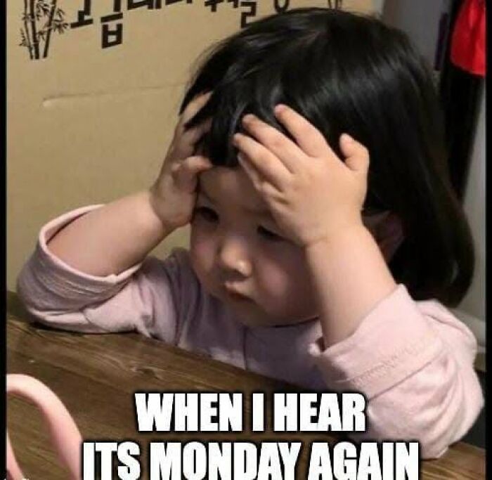 Child holding head stressed with Monday work meme