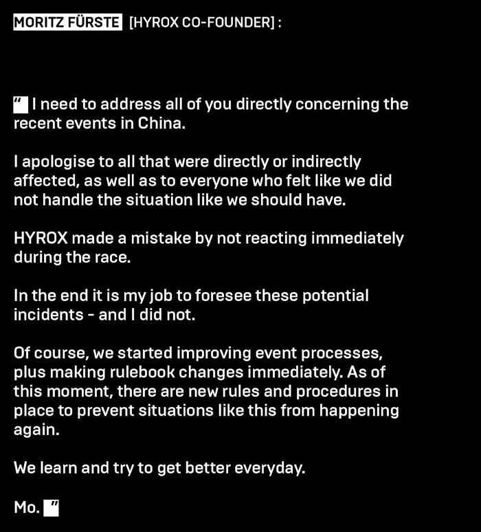 HYROX Co-Founder Moritz F&uuml;rste's statement addressing the recent events and athlete during race backlash.