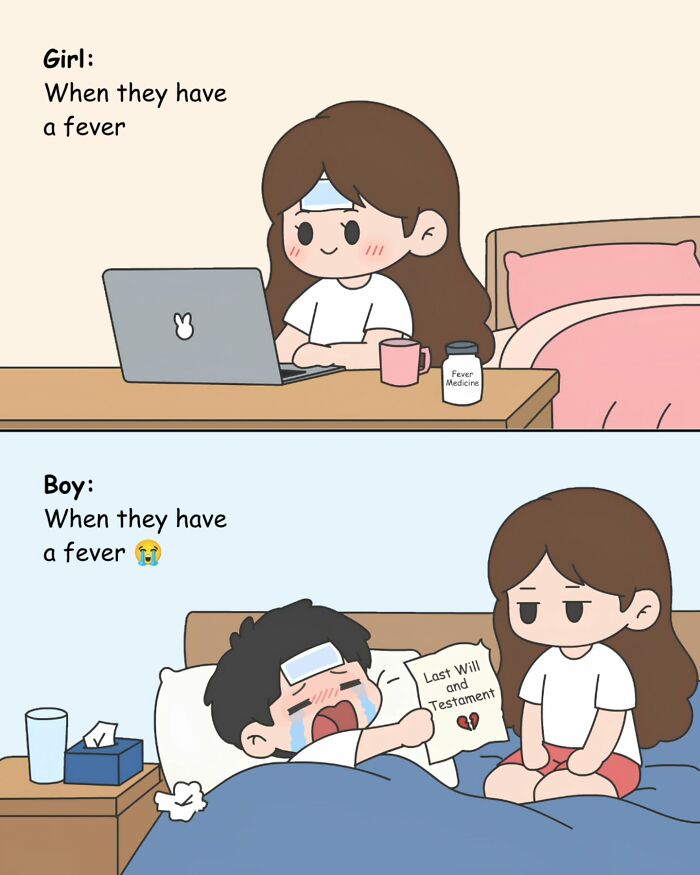 Adorable comics showing a girl working through a fever vs. a boy dramatically crying over a fever.