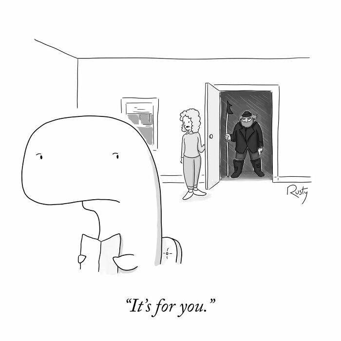 A hilarious comic depicting a whale looking on while a woman opens the front door to a captain with a harpoon