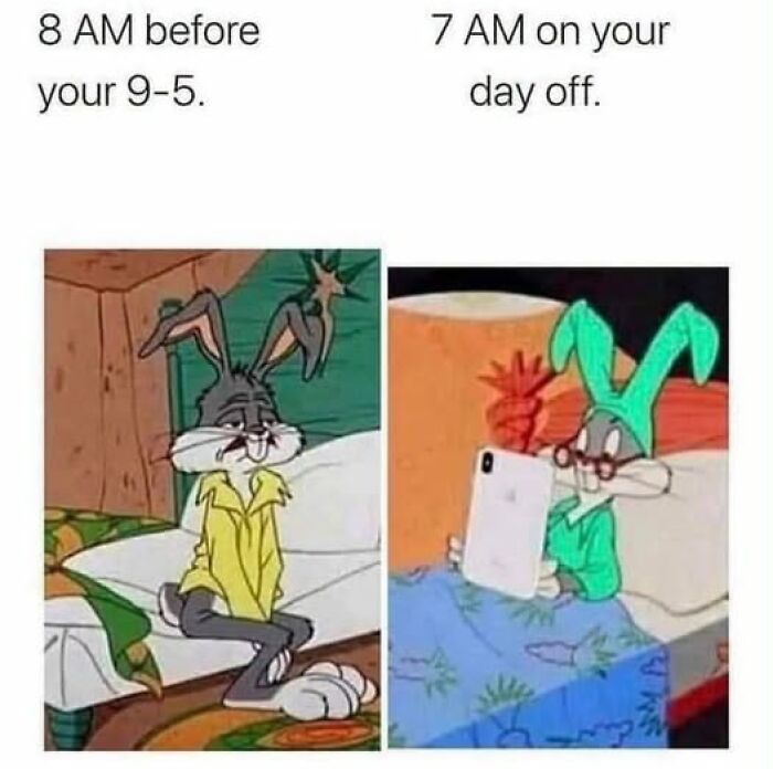 Cartoon rabbits showing tiredness before work and relaxed on a day off, relatable to working for a living