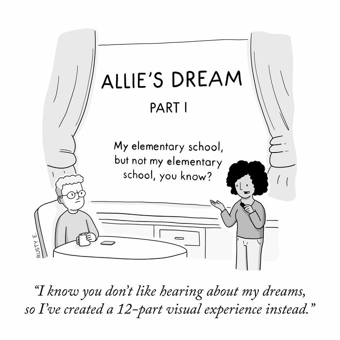 One-panel comic showing a woman presenting her dream in a visual experience slide deck to a man