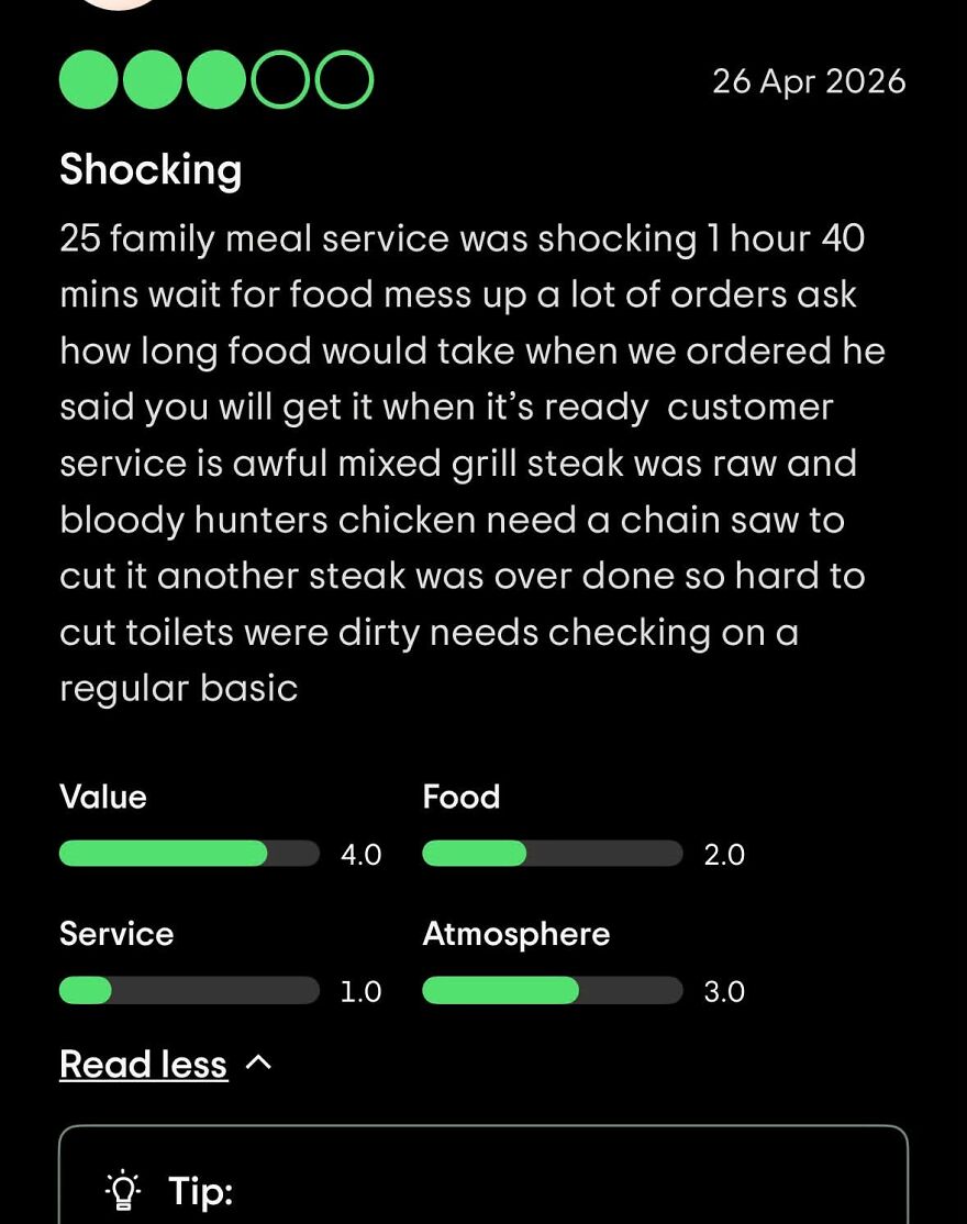 A restaurant review with grammar fails including checking on a regular basic instead of basis