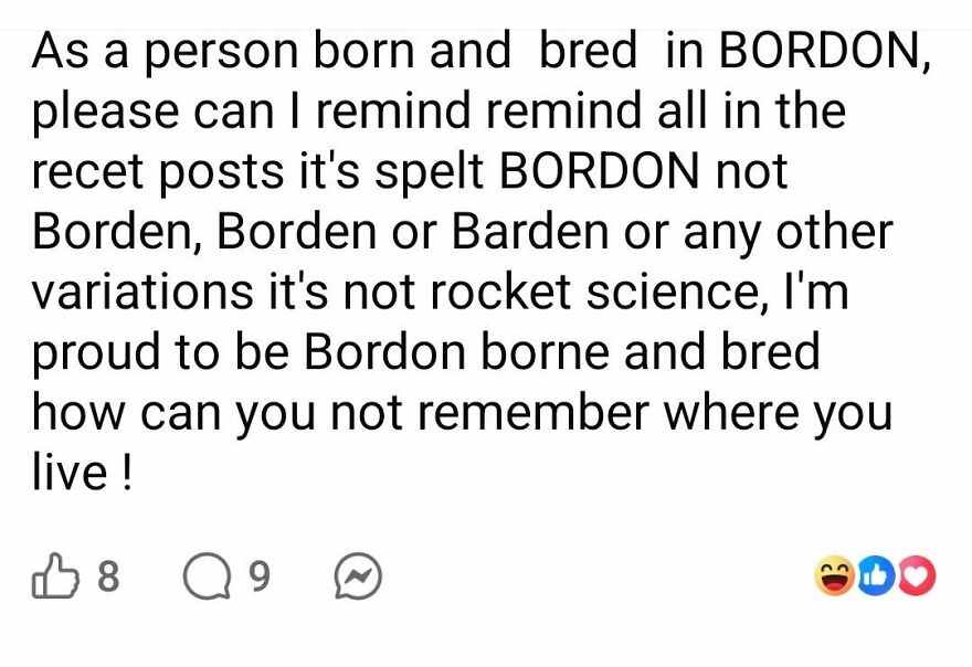 An online post filled with spelling errors and grammar fails about the name of a town.