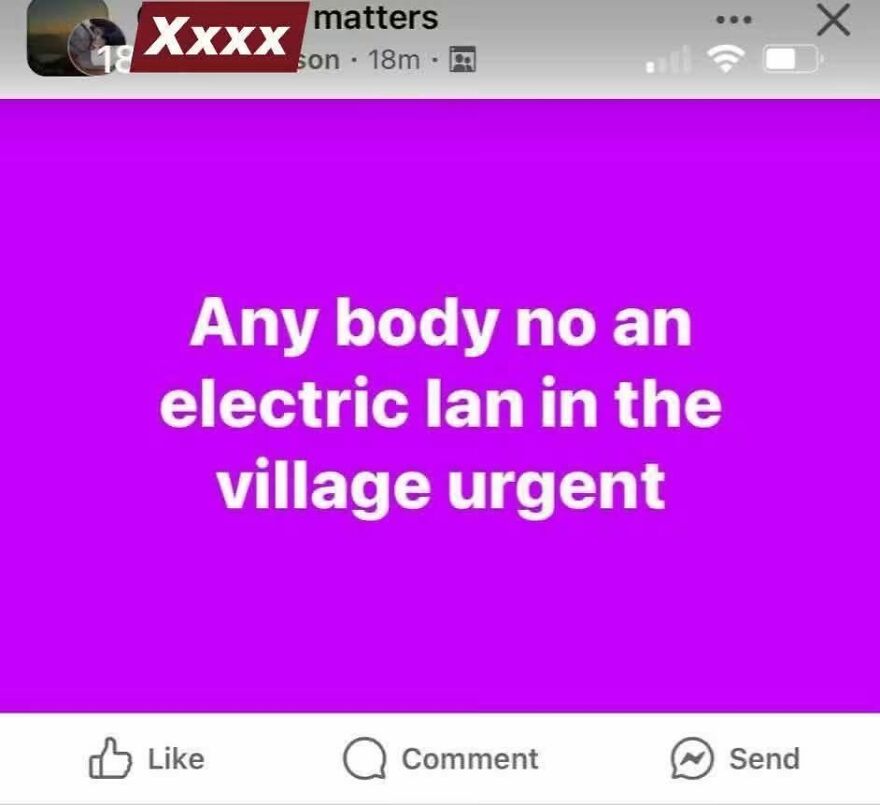 A Facebook post spelling electrician as electric lan, showing classic grammar fails.