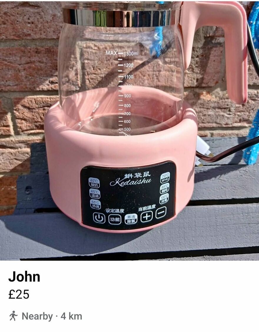 A marketplace listing of a pink kettle with a name tag of John representing a grammar fail.