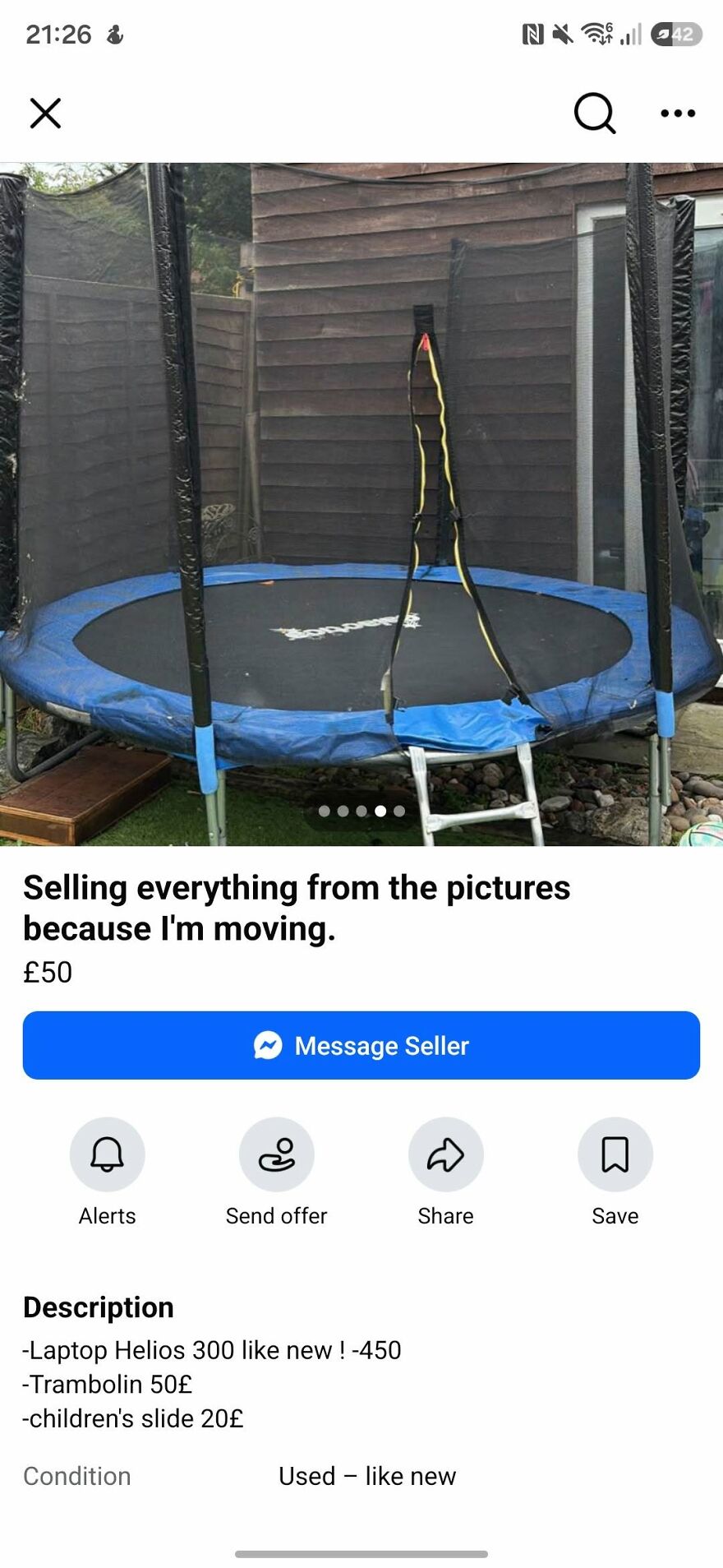 Online marketplace listing showing a trampoline with a funny grammar fail spelling it as Trambolin