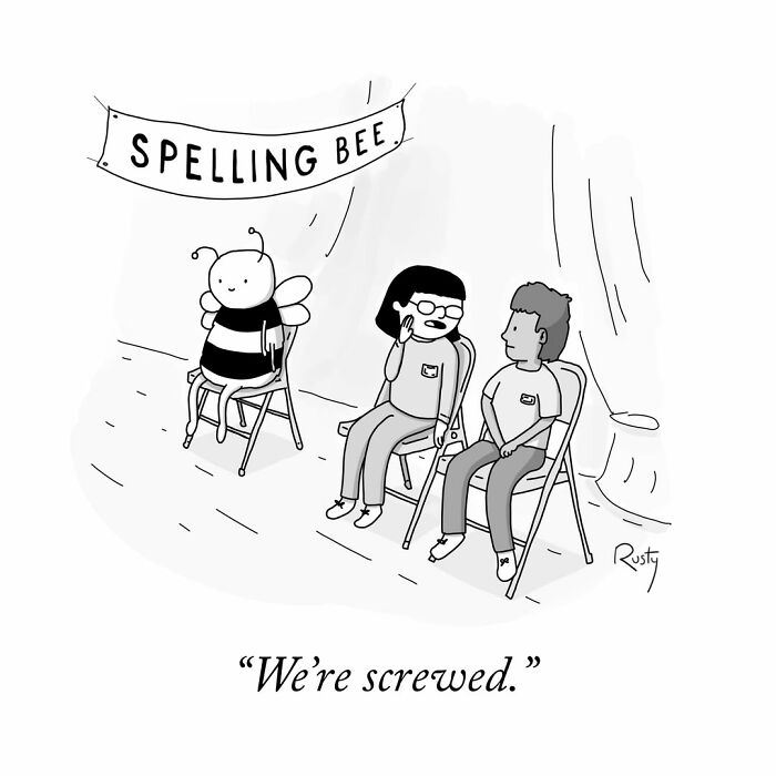 A hilarious spelling bee comic where two humans sit next to a giant literal bee on stage