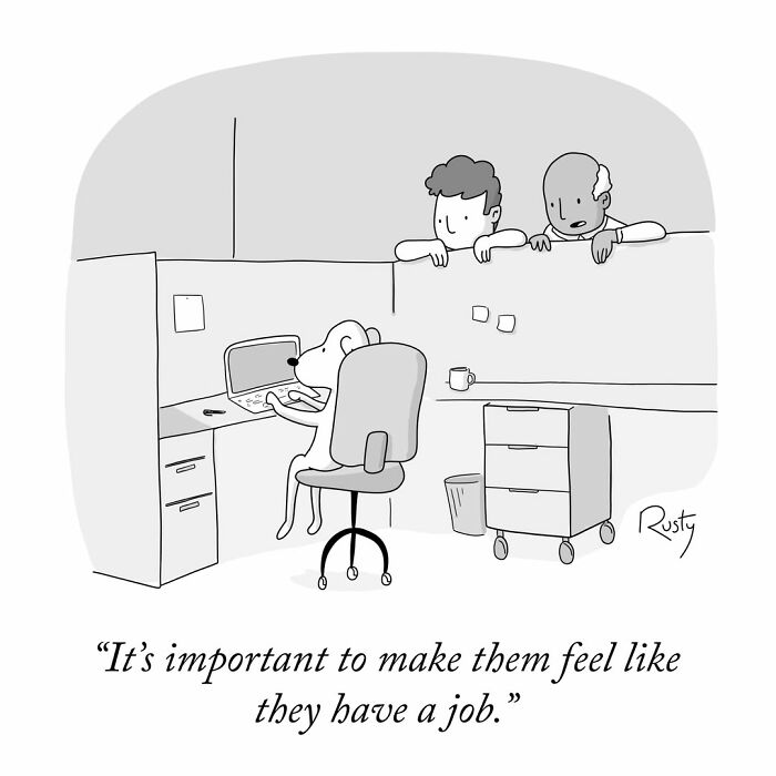One-panel comic about modern struggles showing a dog at an office desk working on a laptop while coworkers watch