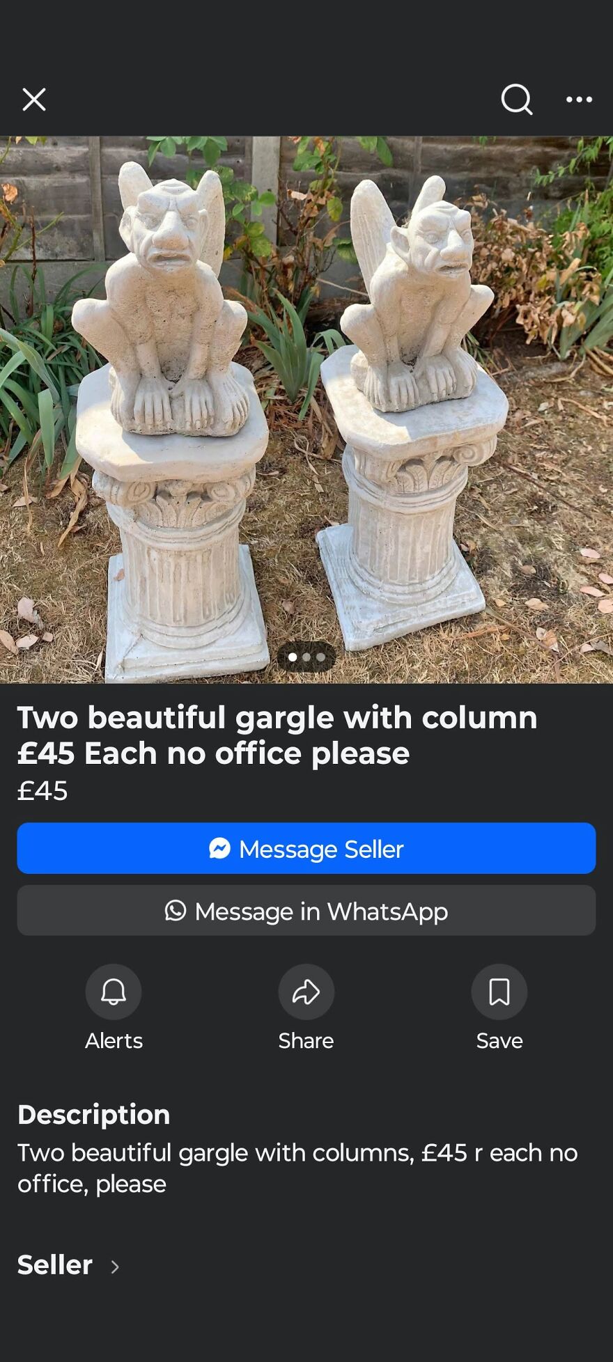 A grammar fail advertisement selling two gargle statues on Facebook Marketplace