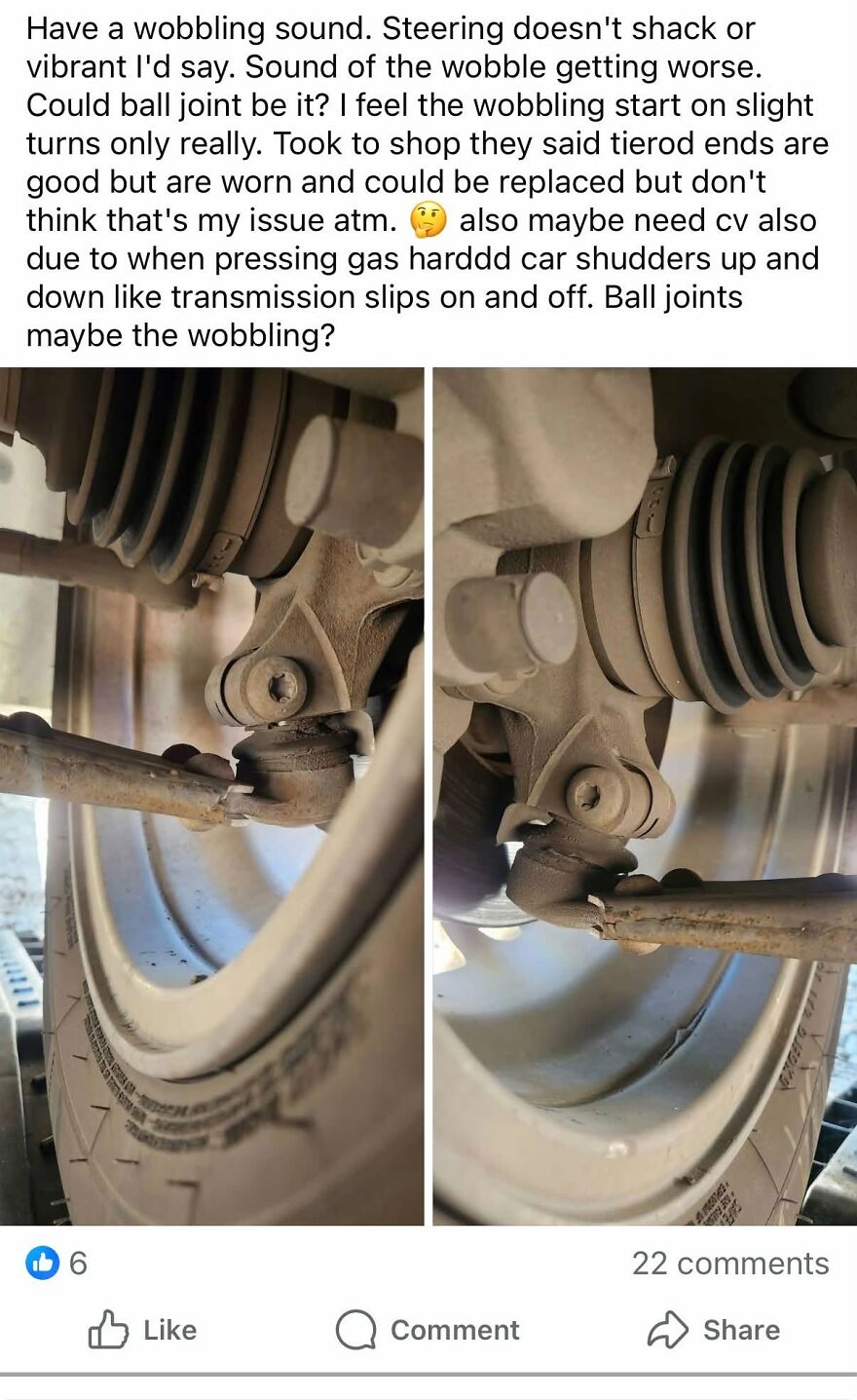 A social media post with grammar fails asking about car parts including tierod and ball joints