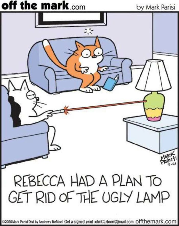 Funny cat owners comic by Mark Parisi showing a cat targeting an ugly lamp with a laser pointer
