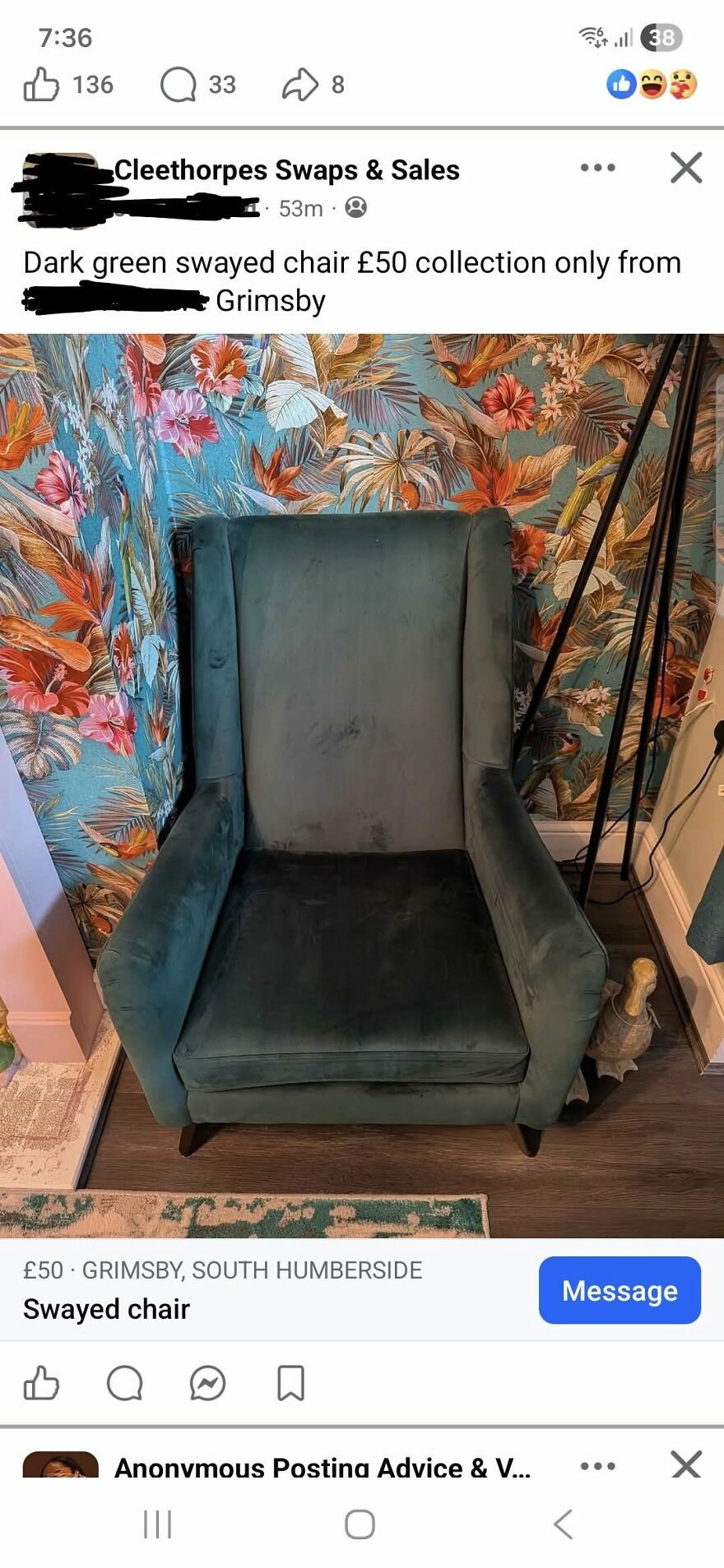 A dark green armchair listed online as a swayed chair, showing common grammar fails.