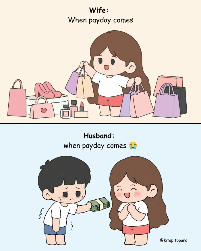 Adorable comics of a wife happily shopping and a sad husband giving away his money on payday.