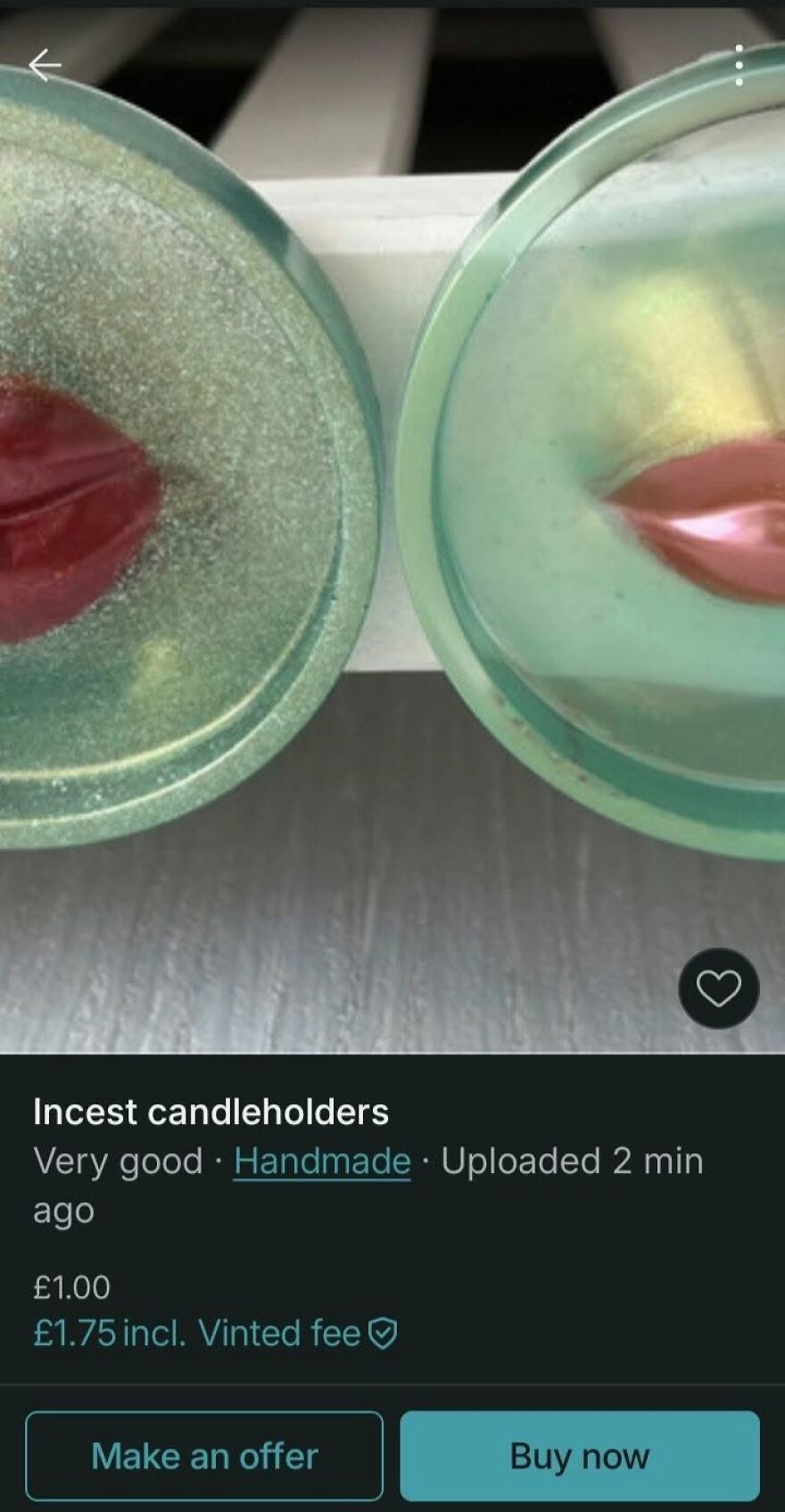 Handmade candleholders with lips on them listed online with humorous grammar fails in the title.