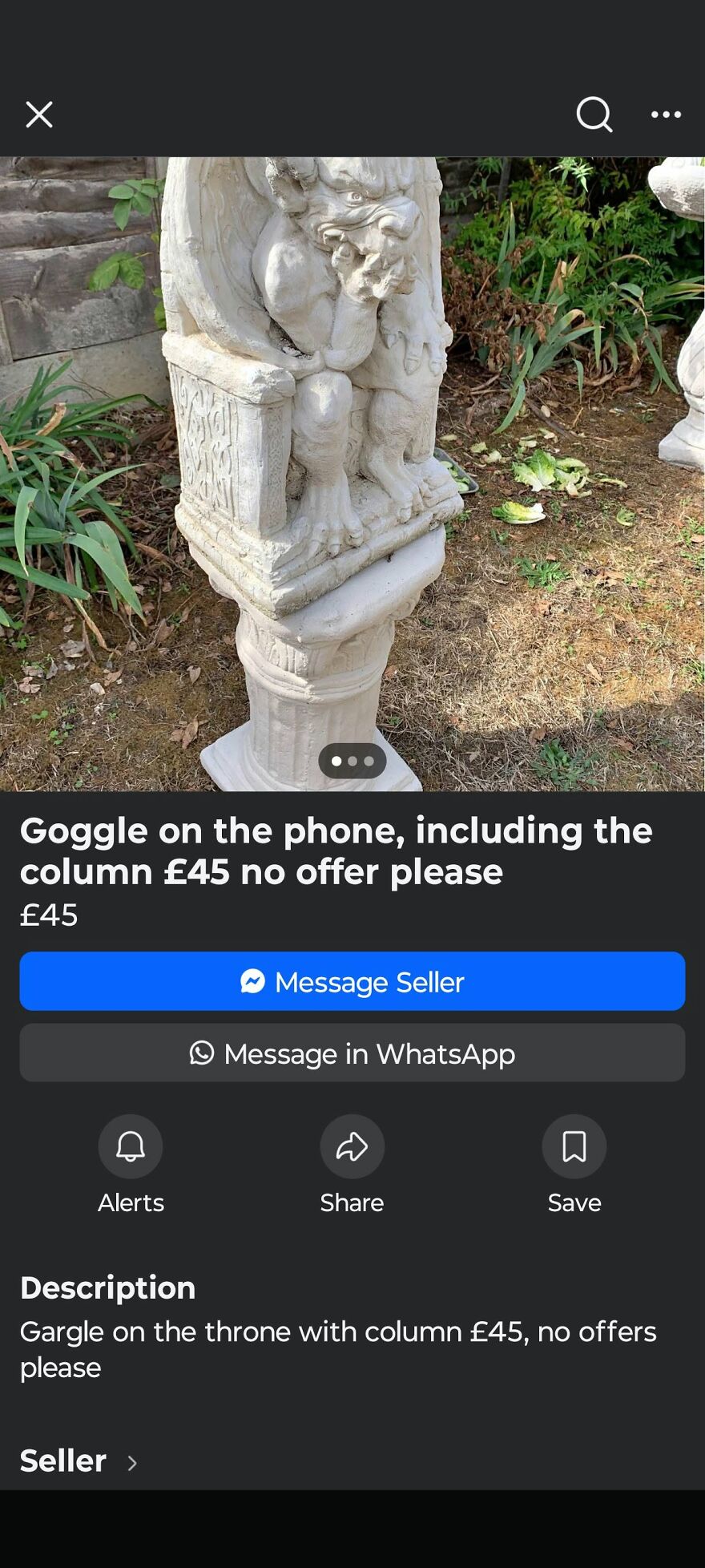 An online listing showing grammar fails with a gargoyle statue listed as goggle on the phone.