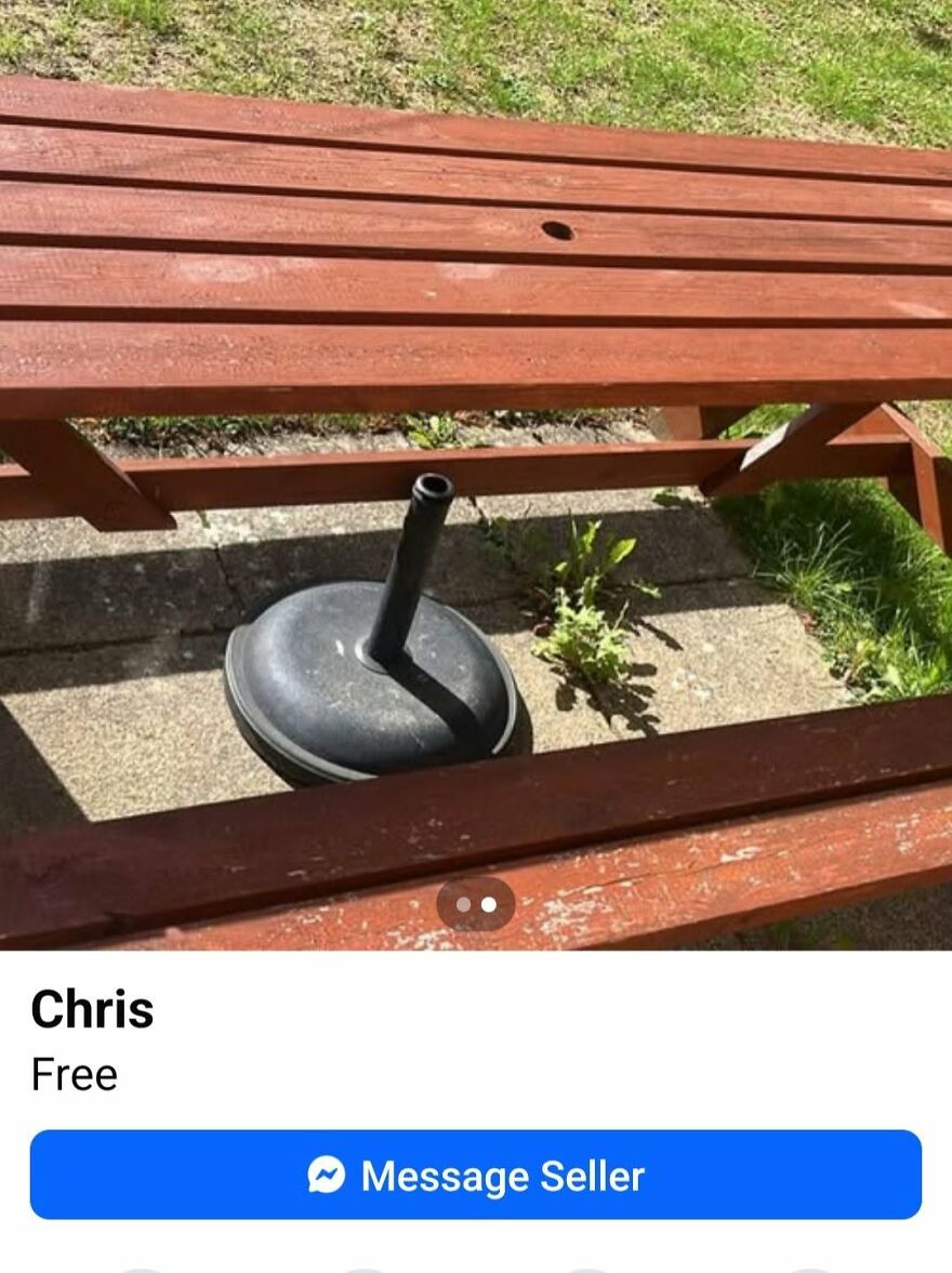 A Marketplace listing of a table base named Chris, showcasing funny grammar fails.