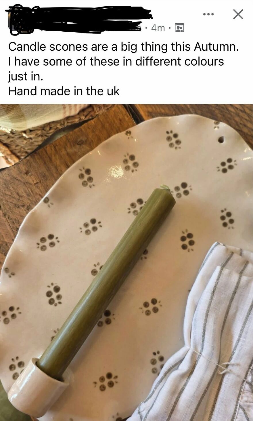 Grammar fails on social media post selling handmade candle scones instead of sconces.