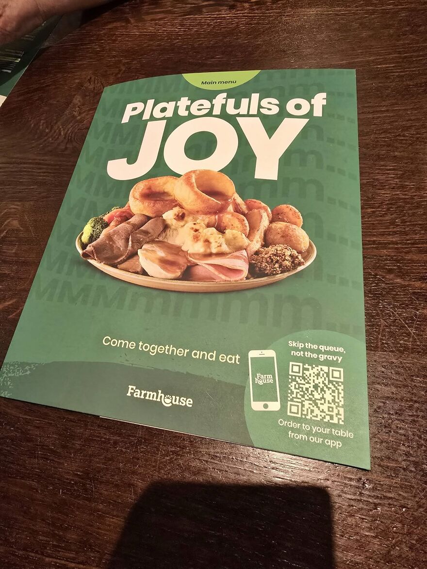 A restaurant menu showing a plateful of food under the word JOY, illustrating funny grammar fails.