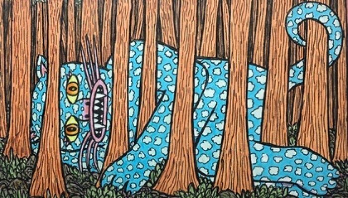 Theo Ellsworth drawing of a blue spotted creature lurking behind tree trunks in a forest
