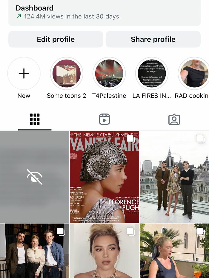 Screenshot of Florence Pugh's Instagram feed displaying a blocked or restricted post icon. Screenshot of Florence Pugh's Instagram feed displaying a blocked or restricted post icon.