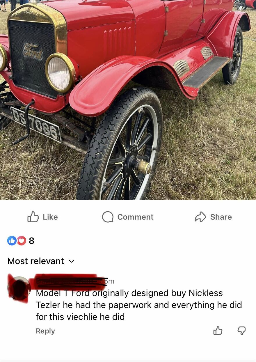 Red vintage Model T Ford featuring a comment filled with hilarious grammar fails