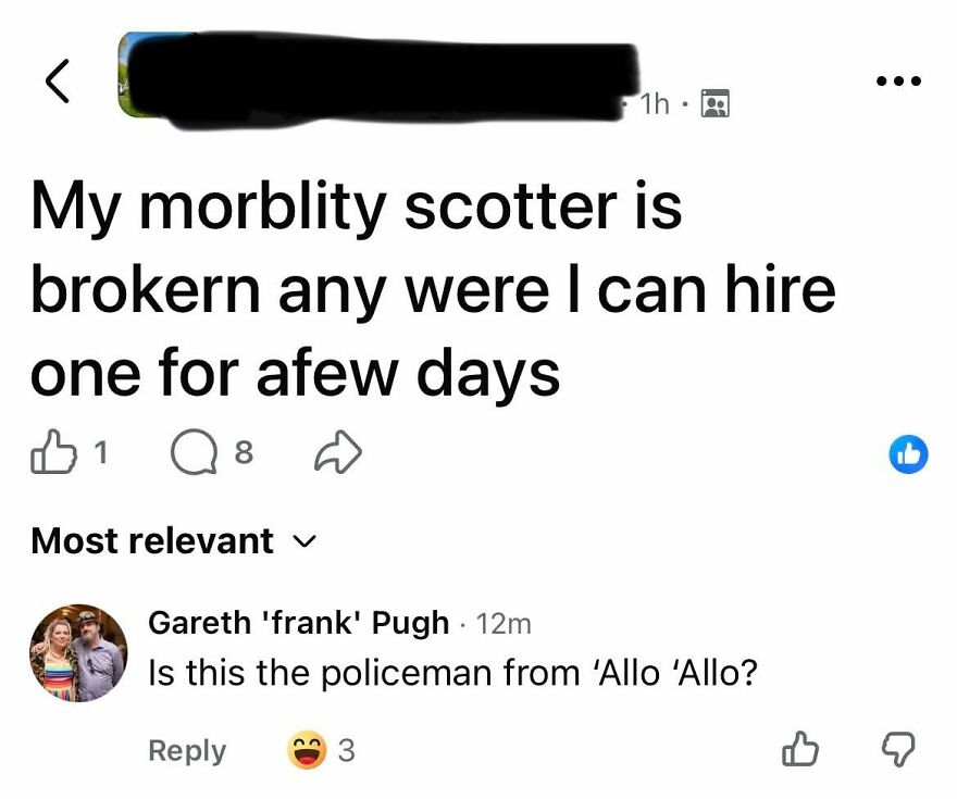 A social media post with extreme spelling mistakes and grammar fails about a mobility scooter.