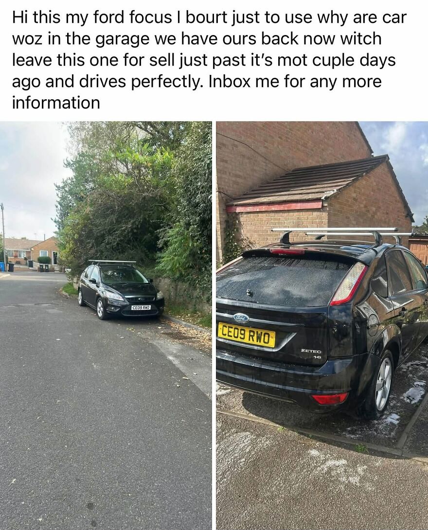 Grammar fails on a car listing with multiple typos like bourt and sell