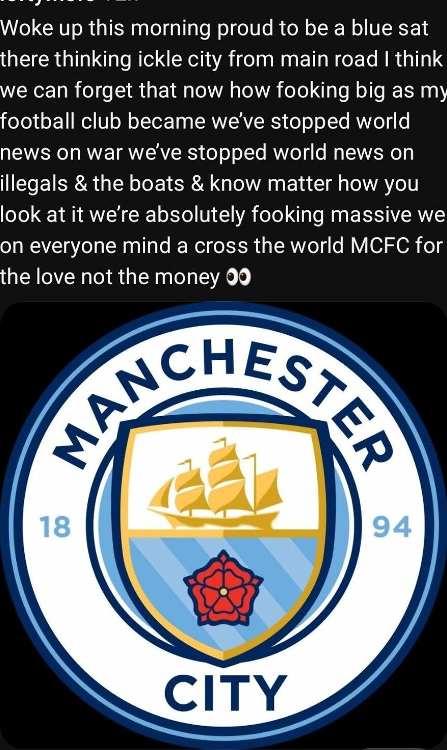 Passionate fan post showing massive grammar fails and incomprehensible sentences about MCFC