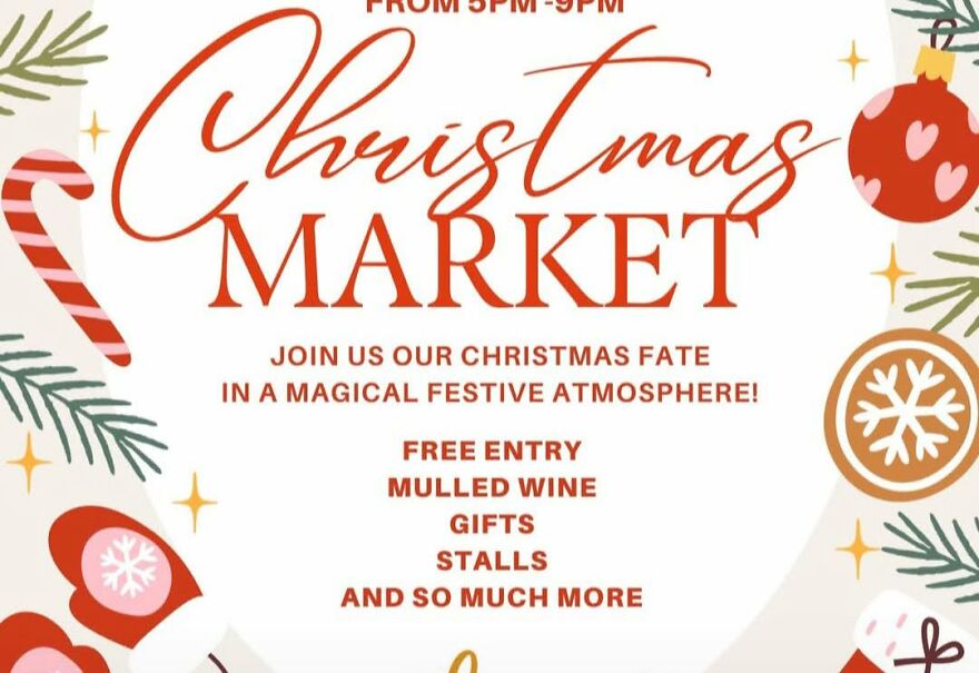 A Christmas market flyer with a spelling and grammar fail reading join us our Christmas fate