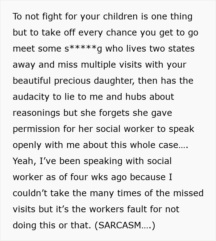 A screenshot of text about a daughter missing child visits for a toxic boyfriend, and parental concern. A screenshot of text about a daughter missing child visits for a toxic boyfriend, and parental concern.