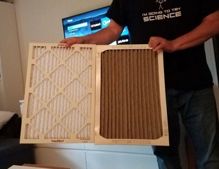 Interesting and cool photos showing a clean white air filter compared to a very dirty brown one