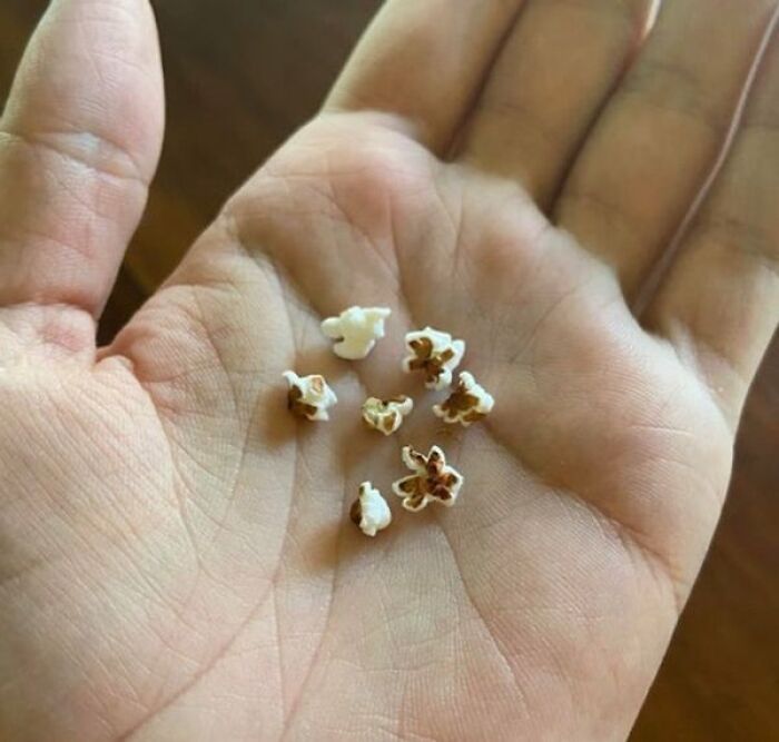 Interesting and cool photos of tiny micro popcorn pieces sitting in the palm of a hand