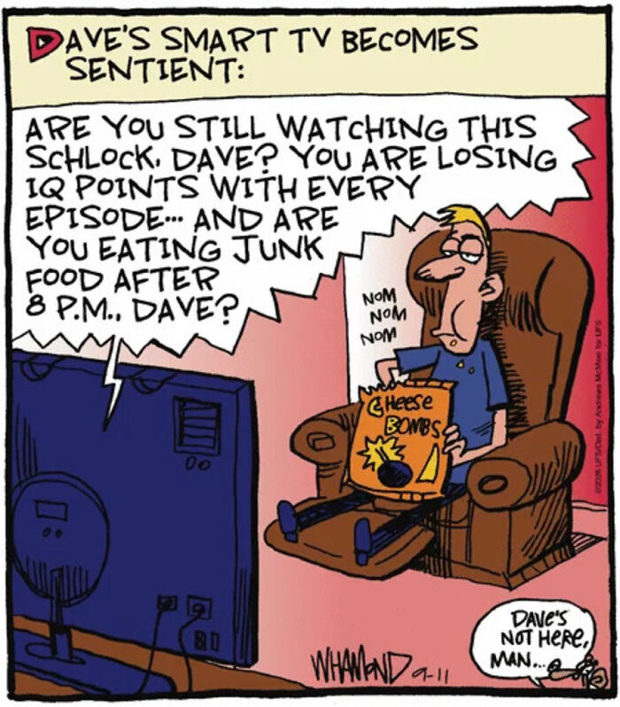 Comic of man watching TV eating snacks as smart TV comments on his habits