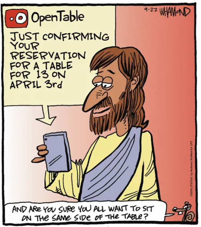 Comic of Jesus confirming reservation on OpenTable with humorous twist about table seating