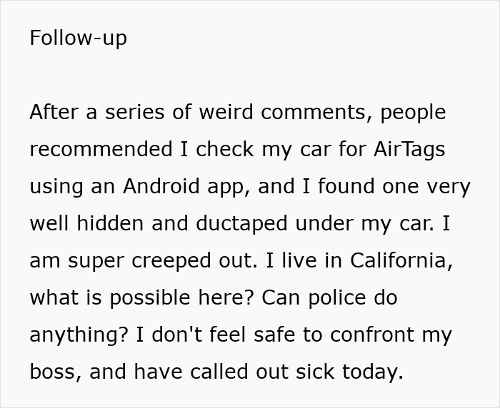 An online follow-up post from a nanny who found an AirTag hidden under her car and fears confronting her boss.