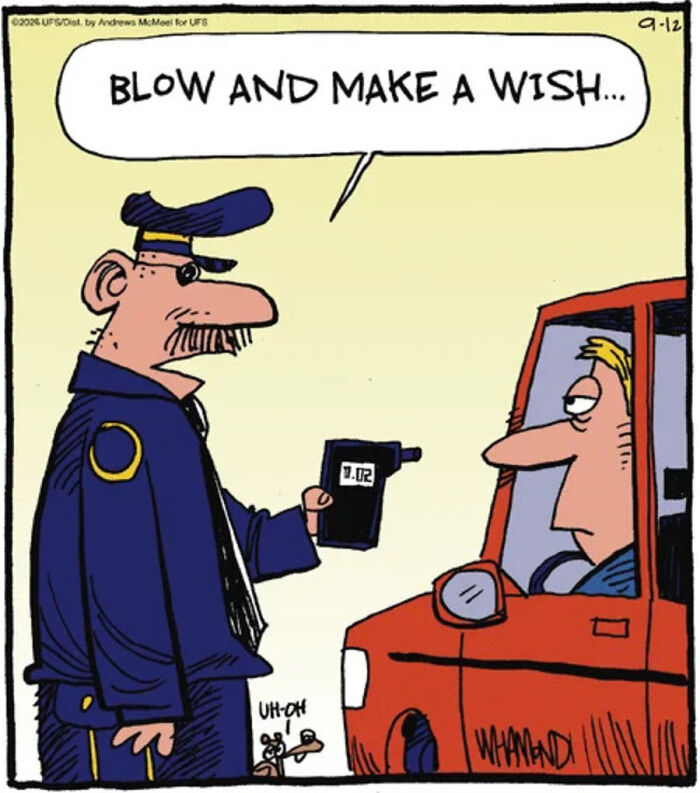 Comic of police officer telling driver to blow into breathalyzer in a funny cartoon