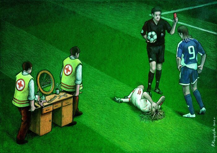 Satirical illustration of a soccer match with a referee, injured player, and barbers, showing modern society's absurdity.
