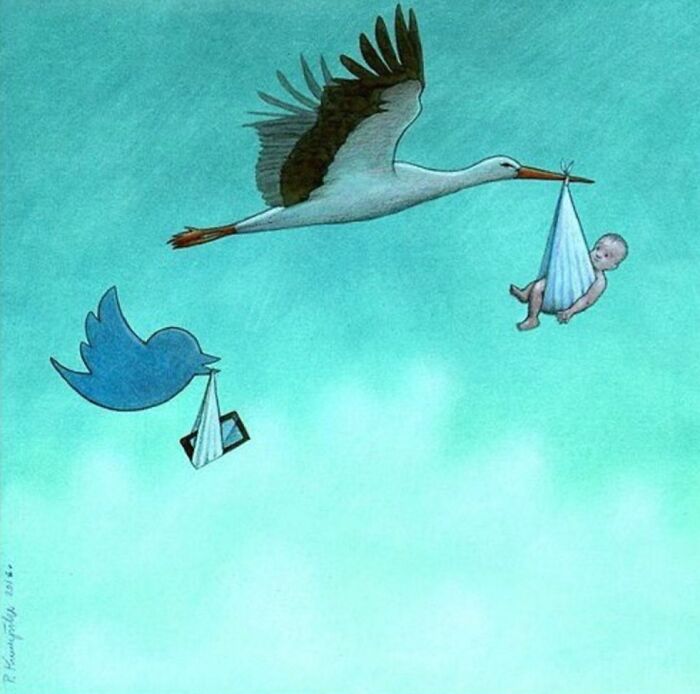 Satirical illustration showing a stork delivering a baby and a Twitter bird delivering a phone, commenting on modern society.