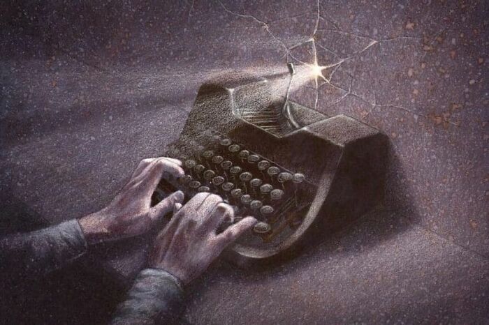 A satirical illustration showing hands typing on a broken typewriter, with light bursting through, representing modern society's struggle.
